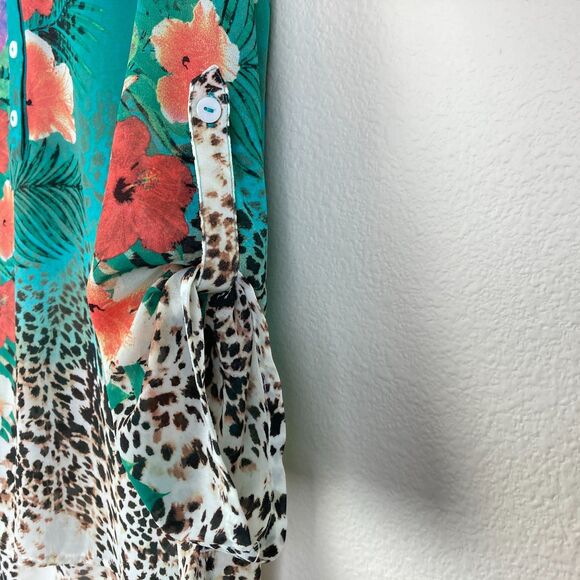 Soft Surroundings Sheer Popover Blouse Size PS Green Floral Animal Tropical - Picture 4 of 8